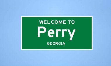 Perry, Georgia şehir sınırı tabelası. Amerika 'dan kasaba tabelası.