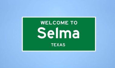 Selma, Teksas şehir sınırı işareti. Amerika 'dan kasaba tabelası.
