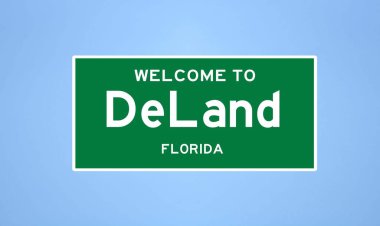 Deland, Florida şehir sınırı tabelası. Amerika 'dan kasaba tabelası.