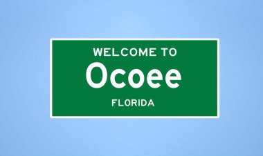 Ocoee, Florida şehir sınırı tabelası. Amerika 'dan kasaba tabelası.