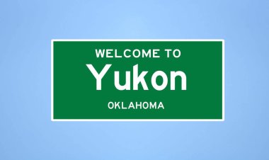 Yukon, Oklahoma şehir sınırı tabelası. Amerika 'dan kasaba tabelası.