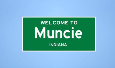 Muncie, Indiana şehir sınırı tabelası. Amerika 'dan kasaba tabelası.