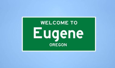 Eugene, Oregon şehir sınırı tabelası. Amerika 'dan kasaba tabelası.