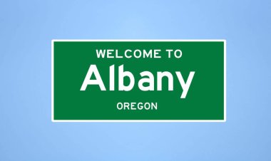 Albany, Oregon şehir sınırı tabelası. Amerika 'dan kasaba tabelası.