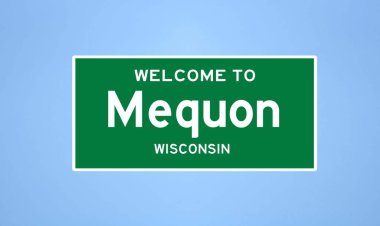 Mequon, Wisconsin şehir sınırı tabelası. Amerika 'dan kasaba tabelası.