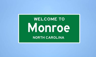 Monroe, Kuzey Carolina şehir sınırı tabelası. Amerika 'dan kasaba tabelası.