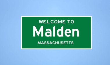 Malden, Massachusetts şehir sınırı tabelası. Amerika 'dan kasaba tabelası.