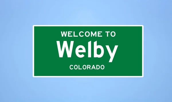 Уэлби, штат Колорадо. Знак города из США. — стоковое фото