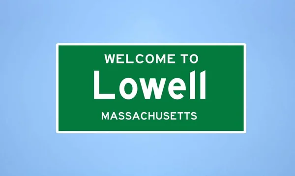 Lowell, Massachusetts şehir sınırı tabelası. Amerika 'dan kasaba tabelası.