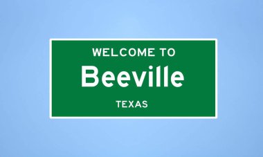 Beeville, Teksas şehir sınırı tabelası. Amerika 'dan kasaba tabelası.