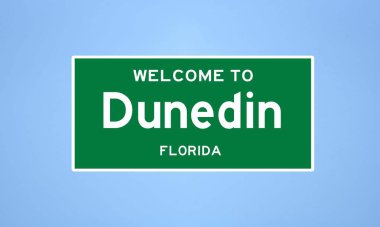 Dunedin, Florida şehir sınırı tabelası. Amerika 'dan kasaba tabelası.
