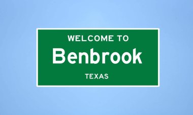 Benbrook, Teksas şehir sınırı tabelası. Amerika 'dan kasaba tabelası.