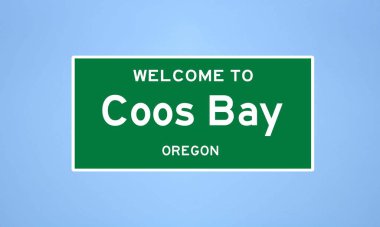 Coos Bay, Oregon şehir sınırı tabelası. Amerika 'dan kasaba tabelası.