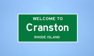 Cranston, Rhode Island şehir sınırı tabelası. Amerika 'dan kasaba tabelası.