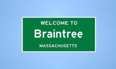 Braintree, Massachusetts şehir sınırı tabelası. Amerika 'dan kasaba tabelası.