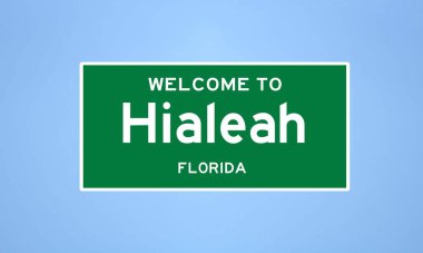Hialeah, Florida şehir sınırı tabelası. Amerika 'dan kasaba tabelası.