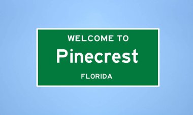 Pinecrest, Florida şehir sınırı tabelası. Amerika 'dan kasaba tabelası.