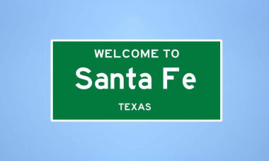 Santa Fe, Teksas şehir sınırı işareti. Amerika 'dan kasaba tabelası.