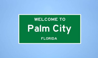 Palm City, Florida şehir sınırı tabelası. Amerika 'dan kasaba tabelası.