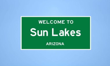 Sun Lakes, Arizona şehir sınırı işareti. Amerika 'dan kasaba tabelası.