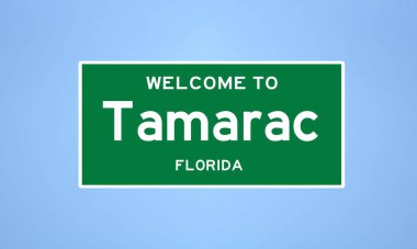 Tamarac, Florida şehir sınırı tabelası. Amerika 'dan kasaba tabelası.