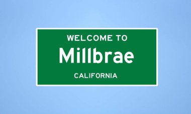 Millbrae, California şehir sınırı tabelası. Amerika 'dan kasaba tabelası.