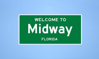 Midway, Florida şehir sınırı tabelası. Amerika 'dan kasaba tabelası.