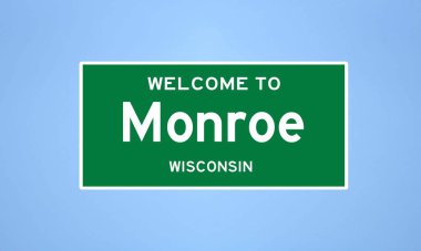 Monroe, Wisconsin şehir sınırı tabelası. Amerika 'dan kasaba tabelası.