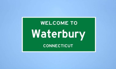 Waterbury, Connecticut şehir sınırı tabelası. Amerika 'dan kasaba tabelası.