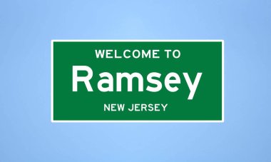 Ramsey, New Jersey şehir sınırı tabelası. Amerika 'dan kasaba tabelası.