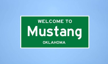 Mustang, Oklahoma şehir sınırı tabelası. Amerika 'dan kasaba tabelası.
