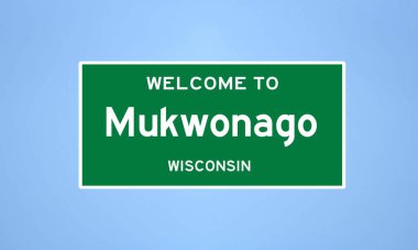 Mukwonago, Wisconsin şehir sınırı işareti. Amerika 'dan kasaba tabelası.