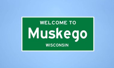 Muskego, Wisconsin şehir sınırı işareti. Amerika 'dan kasaba tabelası.