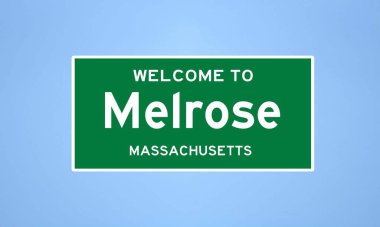 Melrose, Massachusetts şehir sınırı tabelası. Amerika 'dan kasaba tabelası.
