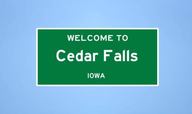 Iowa 'nın Kara Şahin ilçesinde bulunan Cedar Falls' un izole edilmiş şehir sınırı işareti. Mavi arka planda ABD 'den gelen isim işareti.