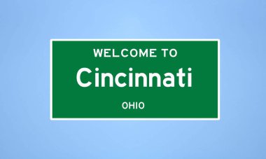 Hamilton County, Ohio 'da bulunan Cincinnati' nin izole edilmiş ABD şehir sınırı işareti. Mavi arka planda ABD 'den gelen isim işareti.
