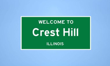 Will County, Illinois 'de bulunan Crest Hill' in izole edilmiş ABD şehir sınırı işareti. Mavi arka planda ABD 'den gelen isim işareti.