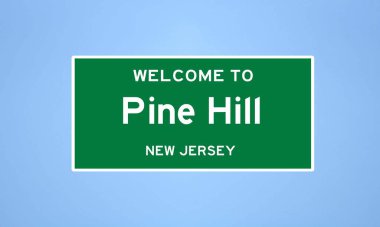 New Jersey, Camden 'da bulunan Pine Hill' in izole edilmiş ABD şehir sınırı işareti. Mavi arka planda ABD 'den gelen isim işareti.