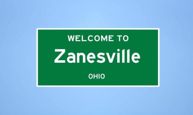 Ohio, Muskingum 'da bulunan Zanesville' in izole edilmiş ABD şehir sınırı işareti. Mavi arka planda ABD 'den gelen isim işareti.