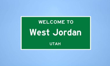 Utah, Salt Lake ilçesinde bulunan Batı Ürdün 'ün izole edilmiş ABD şehir sınırı işareti. Mavi arka planda ABD 'den gelen isim işareti.