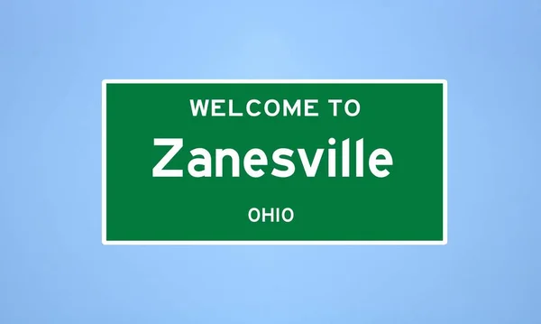 Ohio, Muskingum 'da bulunan Zanesville' in izole edilmiş ABD şehir sınırı işareti. Mavi arka planda ABD 'den gelen isim işareti.