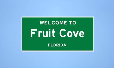 Florida 'daki St. Johns ilçesinde bulunan Fruit Cove' un izole edilmiş ABD şehir sınırı işareti. Mavi arka planda ABD 'den gelen isim işareti.