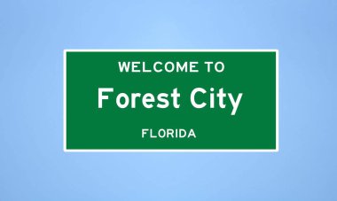 Florida, Seminole 'de bulunan Forest City' nin izole edilmiş şehir sınırı işareti. Mavi arka planda ABD 'den gelen isim işareti.