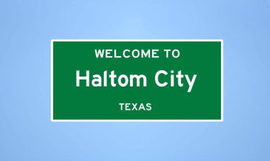 Teksas 'ın Tarrant ilçesinde bulunan Haltom City' nin izole edilmiş şehir sınırı işareti. Mavi arka planda ABD 'den gelen isim işareti.