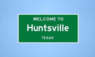 Walker County, Teksas 'ta Huntsville' in izole edilmiş ABD şehir sınırı işareti. Mavi arka planda ABD 'den gelen isim işareti.