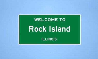 Rock Island, Illinois 'de bulunan ıssız ABD şehir sınırı işareti. Mavi arka planda ABD 'den gelen isim işareti.