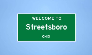 Portage County, Ohio 'da bulunan Streetsboro' nun izole edilmiş ABD şehir sınırı işareti. Mavi arka planda ABD 'den gelen isim işareti.