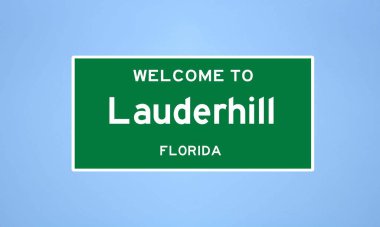 Broward County, Florida 'da bulunan Lauderhill' in izole edilmiş ABD şehir sınırı işareti. Mavi arka planda ABD 'den gelen isim işareti.