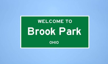 Ohio, Cuyahoga 'da bulunan Brook Park' ın izole edilmiş şehir sınırı işareti. Mavi arka planda ABD 'den gelen isim işareti.