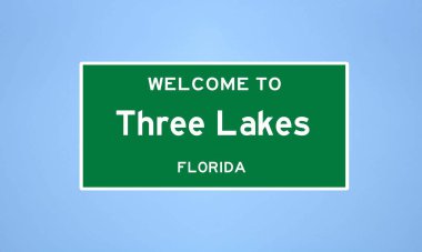 Miami-Dade, Florida 'da bulunan Three Lakes' in izole edilmiş ABD şehir sınırı işareti. Mavi arka planda ABD 'den gelen isim işareti.